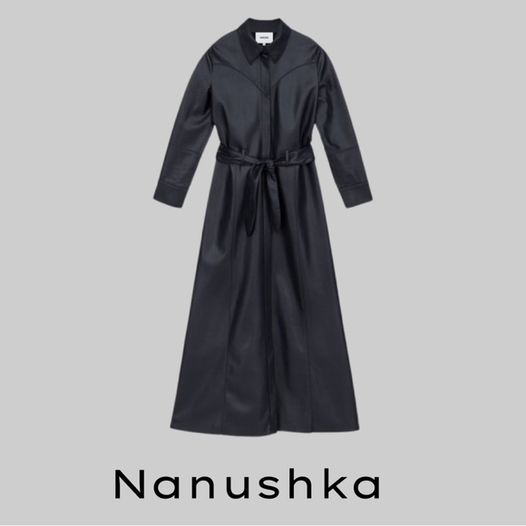 Nanushka Dresses & Skirts - NWT NANUSHKA TAURUS NAVY BELTED A-LINE MAXI DRESS - VEGAN LEATHER - SZ SMALL